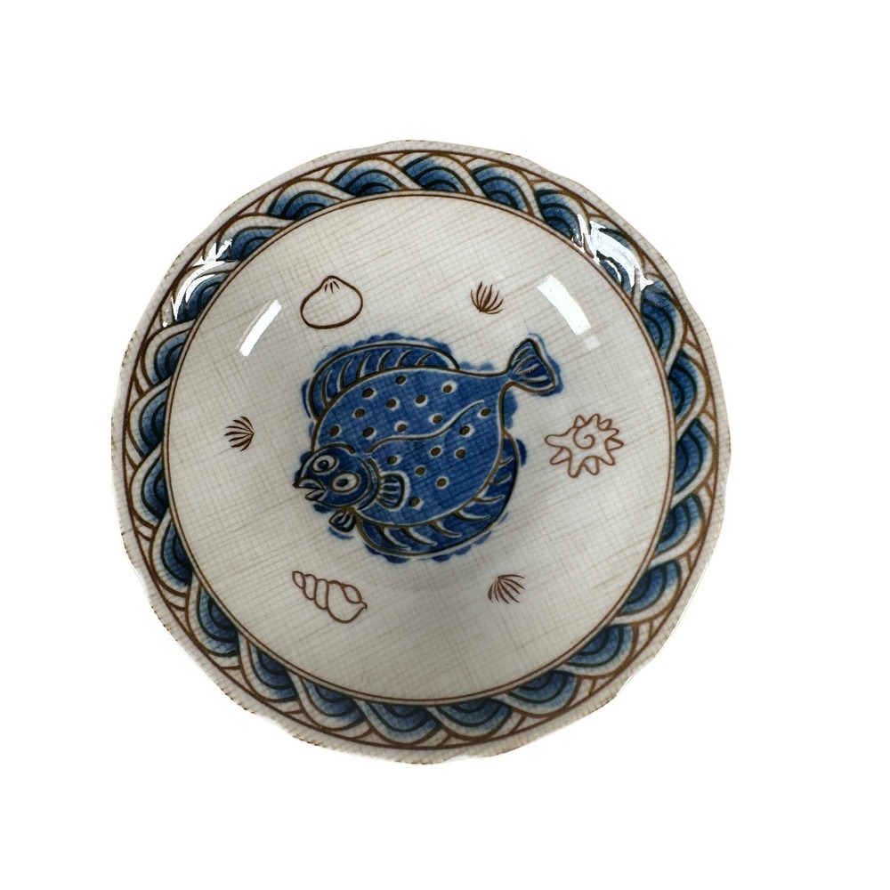 Quirky Fish Bowl Blue White Ceramic Flounder Sea Shell Coastal Decor 7" Dish